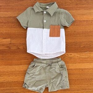 Green and White Button-Up Shirt with Shorts Set